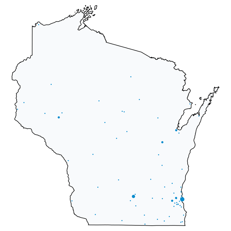 A map showing all AT&T locations in Wisconsin