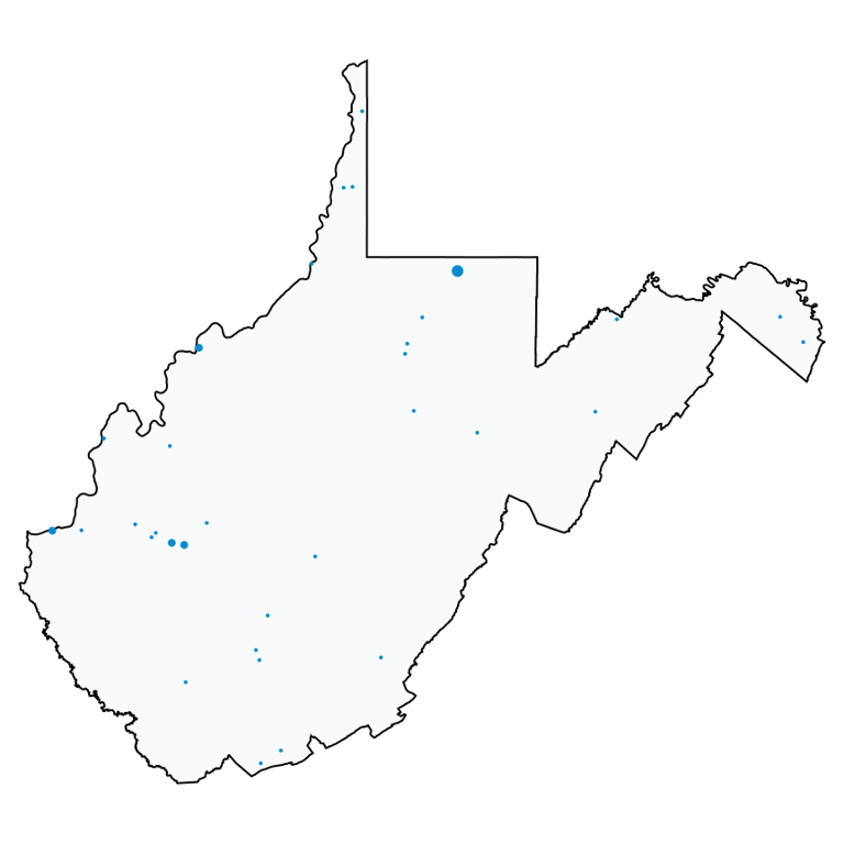 A map showing all AT&T locations in West Virginia