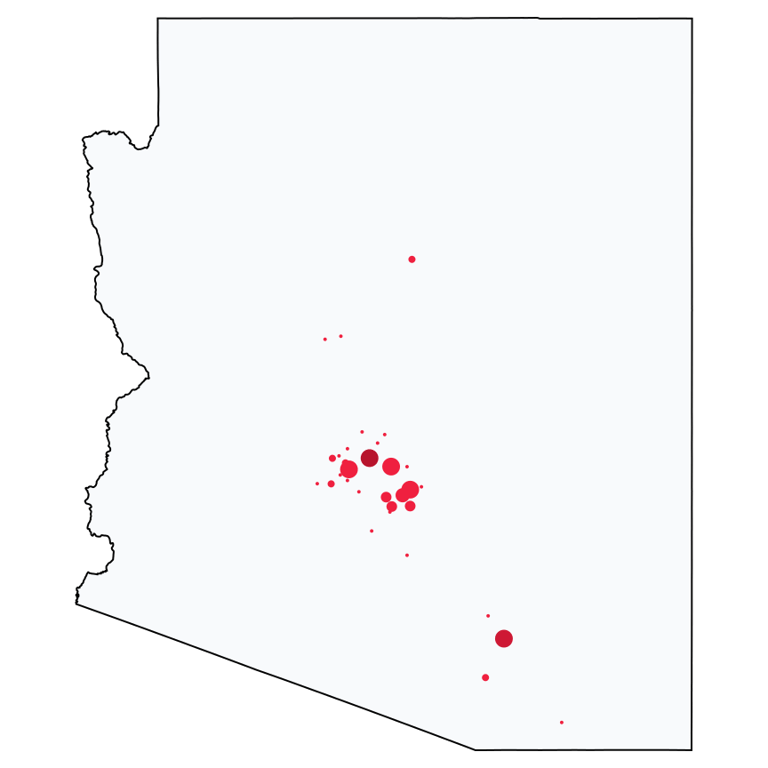 A map showing all Bank of America locations in Arizona