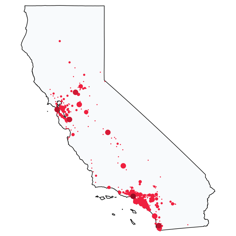 A map showing all Bank of America locations in California