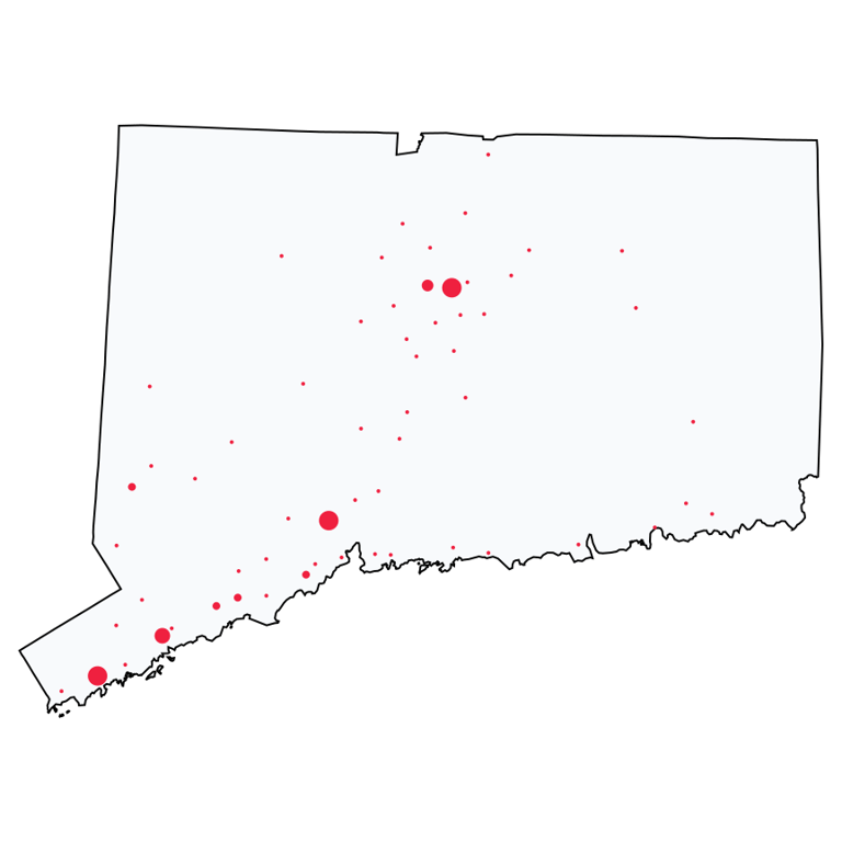 A map showing all Bank of America locations in Connecticut