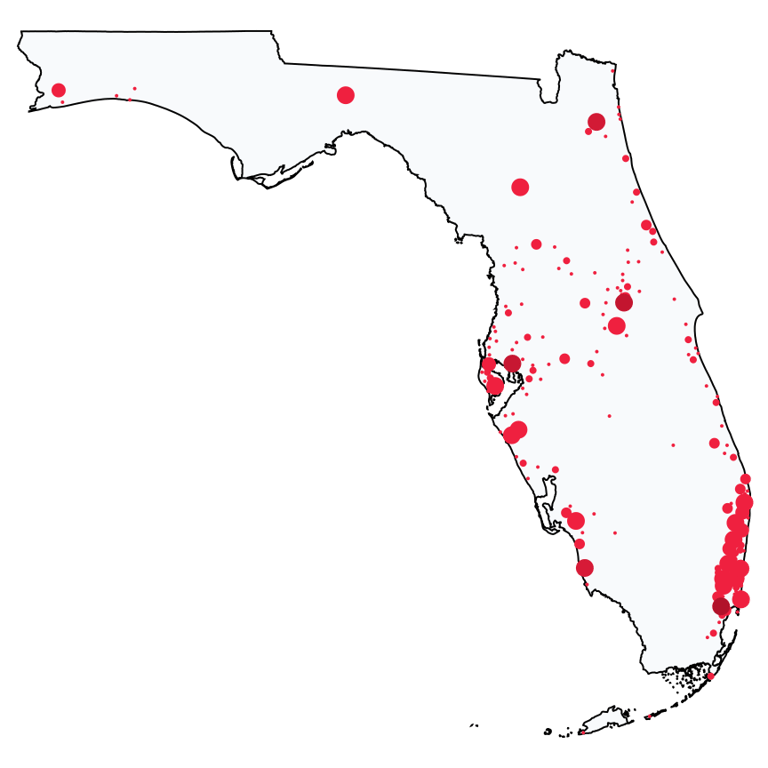 A map showing all Bank of America locations in Florida