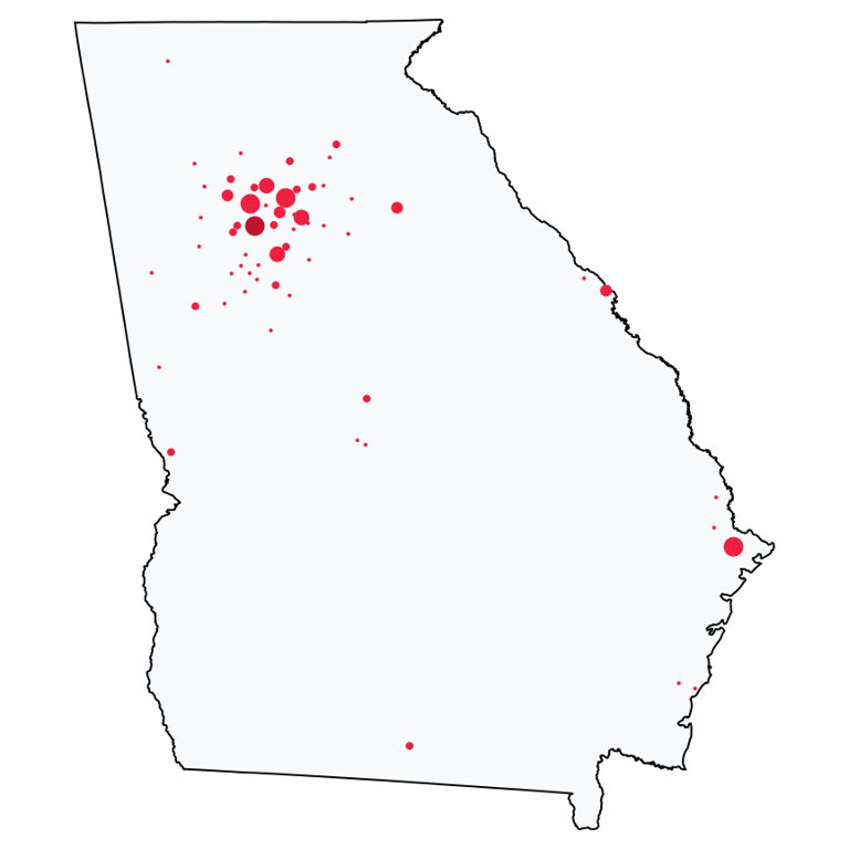 A map showing all Bank of America locations in Georgia