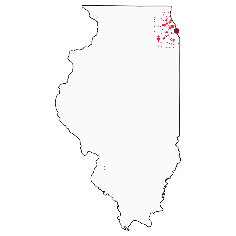 A map showing all Bank of America locations in Illinois