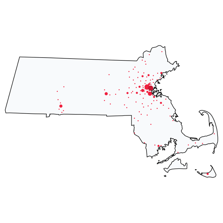 A map showing all Bank of America locations in Massachusetts