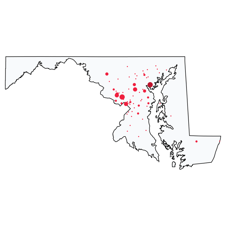 A map showing all Bank of America locations in Maryland