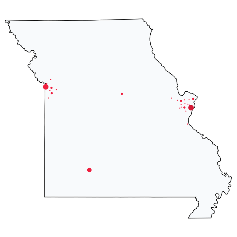 A map showing all Bank of America locations in Missouri