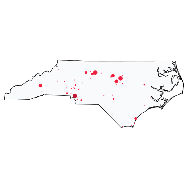 A map showing all Bank of America locations in North Carolina