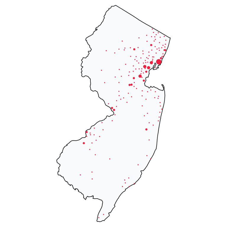 A map showing all Bank of America locations in New Jersey