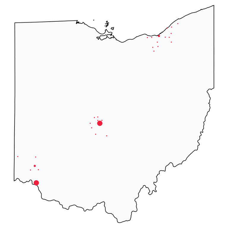 A map showing all Bank of America locations in Ohio