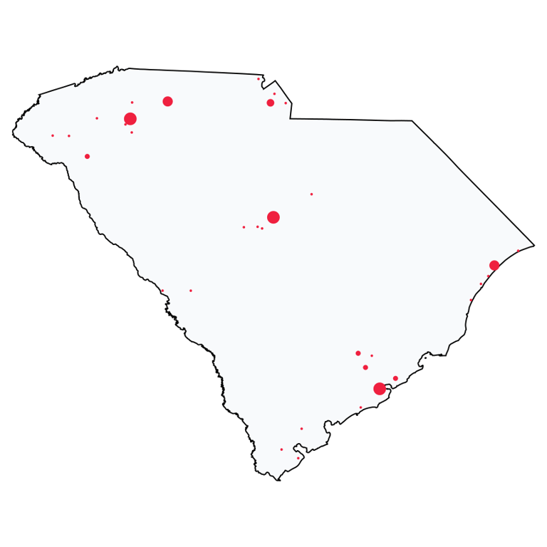 A map showing all Bank of America locations in South Carolina