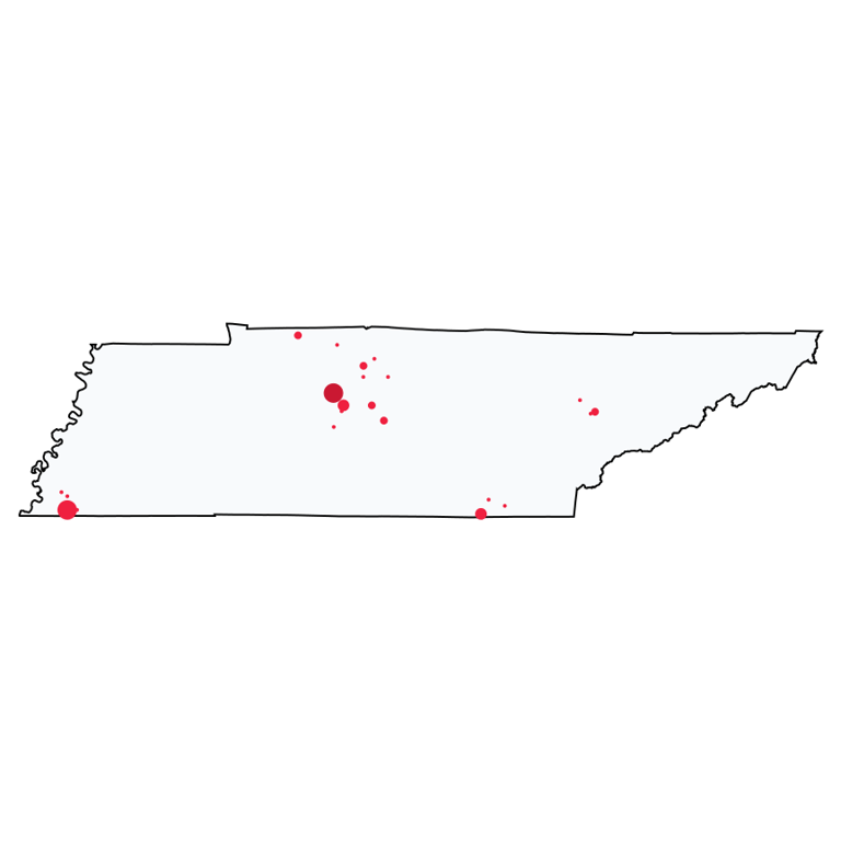 A map showing all Bank of America locations in Tennessee