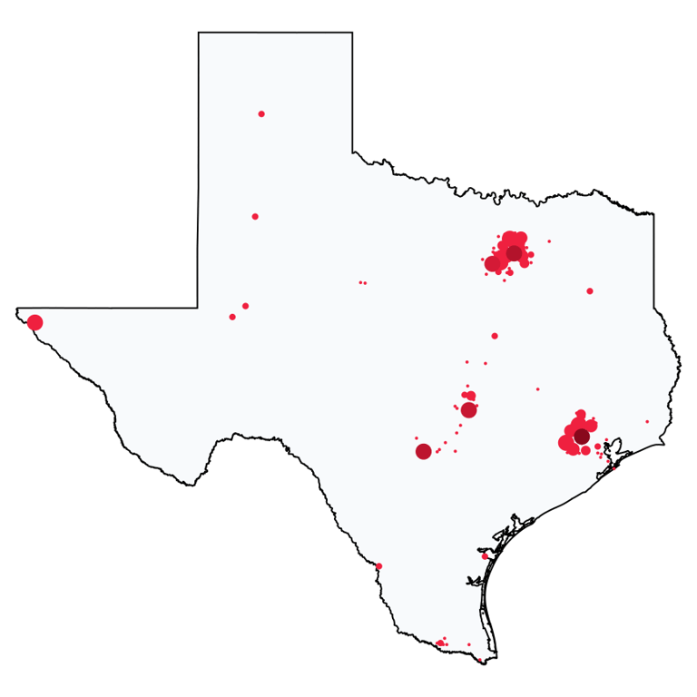 A map showing all Bank of America locations in Texas