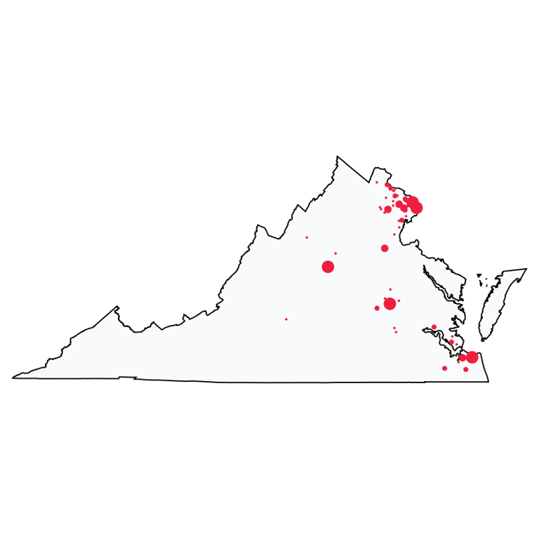 A map showing all Bank of America locations in Virginia