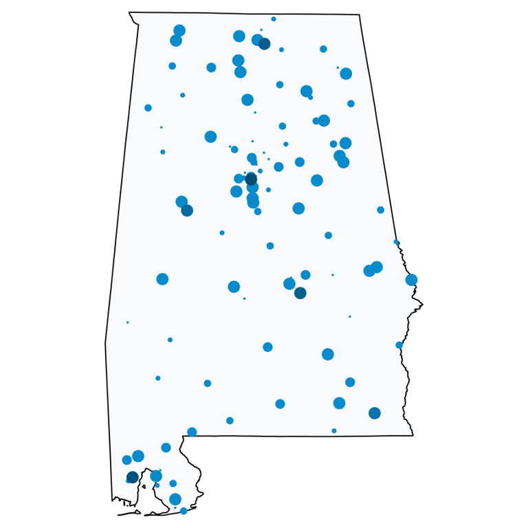 A map showing all Cell Phone Stores locations in Alabama