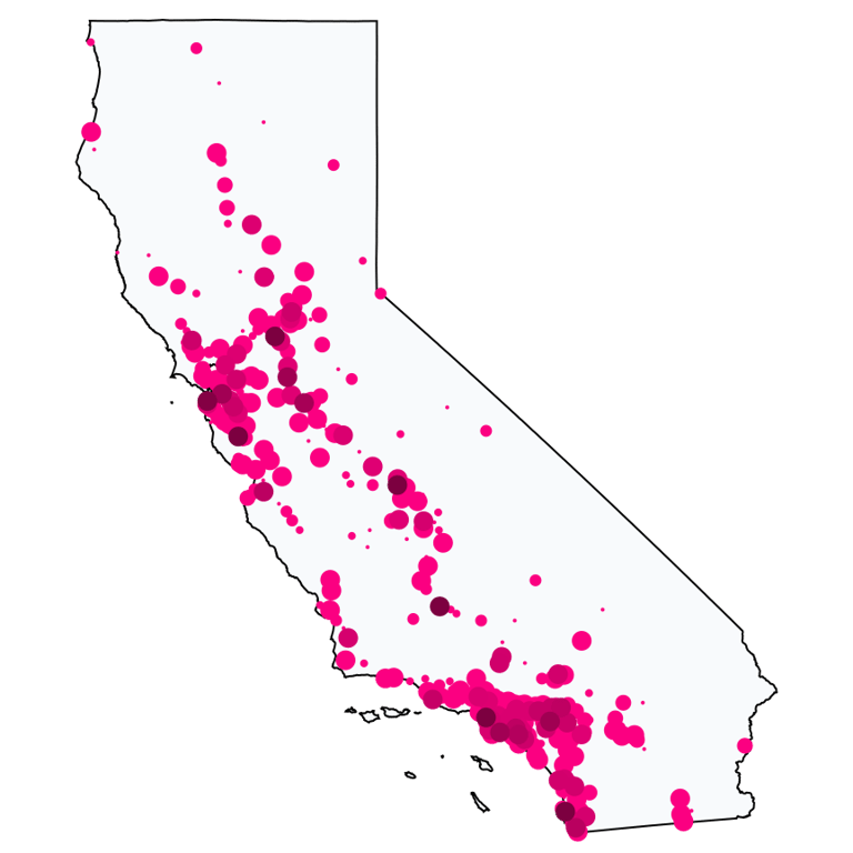 A map showing all Cell Phone Stores locations in California