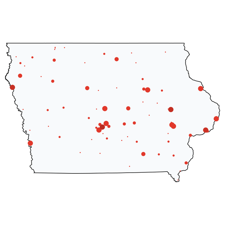 A map showing all Cell Phone Stores locations in Iowa