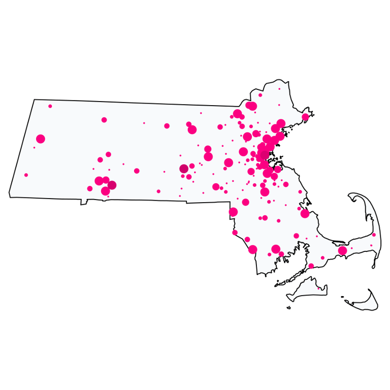 A map showing all Cell Phone Stores locations in Massachusetts