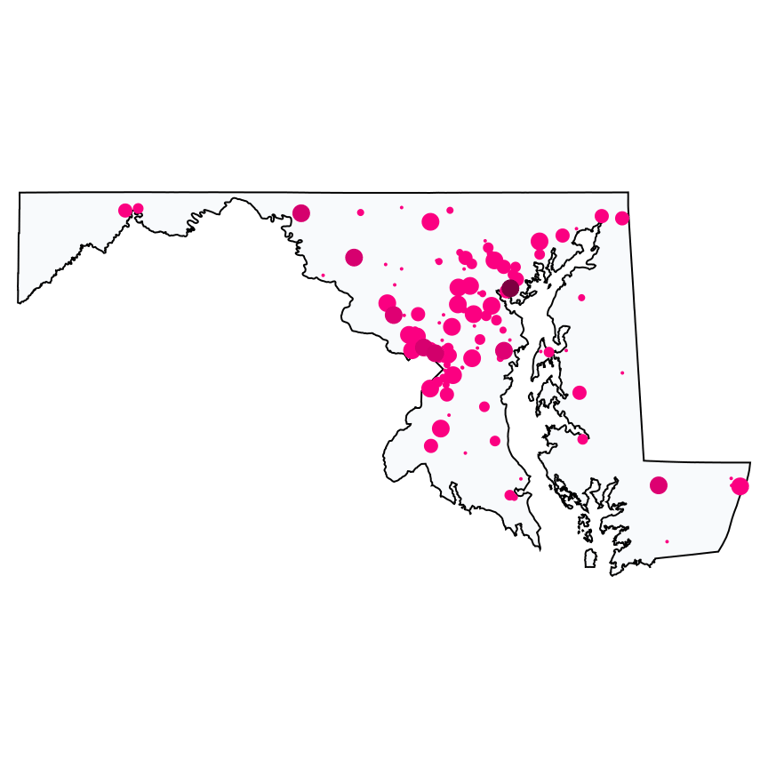 A map showing all Cell Phone Stores locations in Maryland