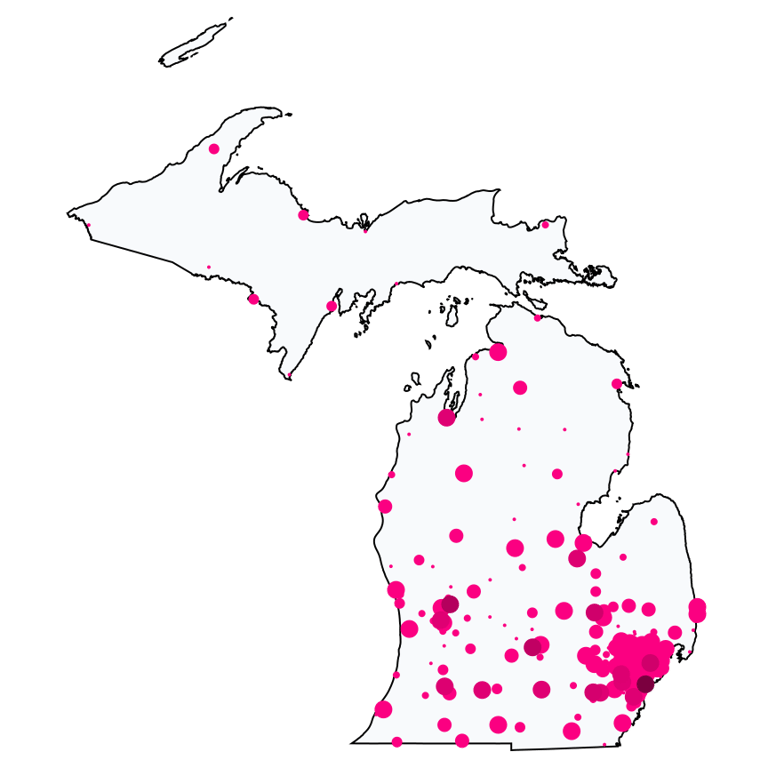 A map showing all Cell Phone Stores locations in Michigan