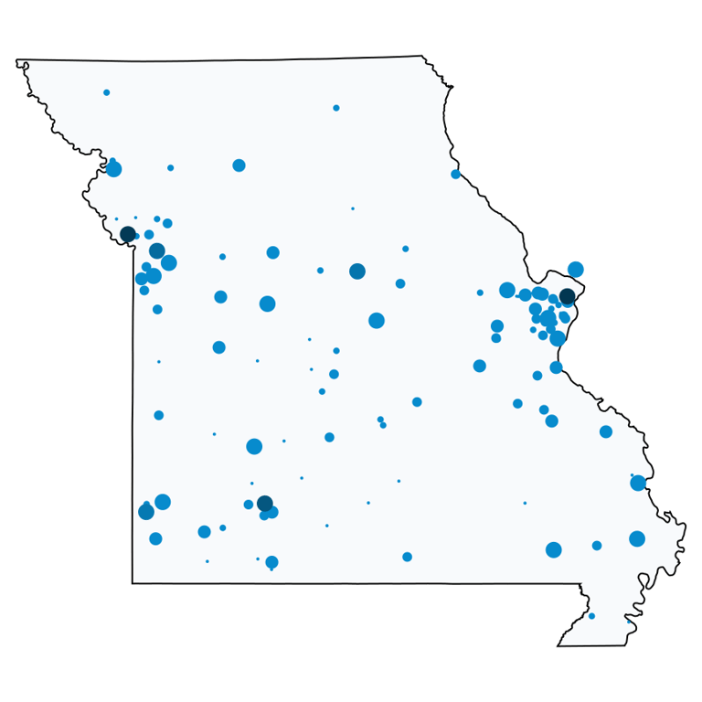 A map showing all Cell Phone Stores locations in Missouri