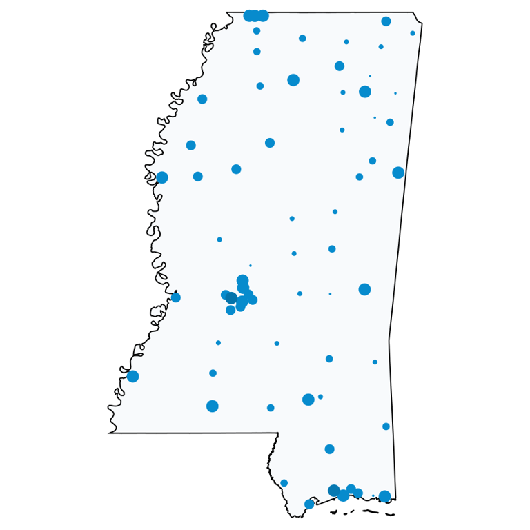 A map showing all Cell Phone Stores locations in Mississippi