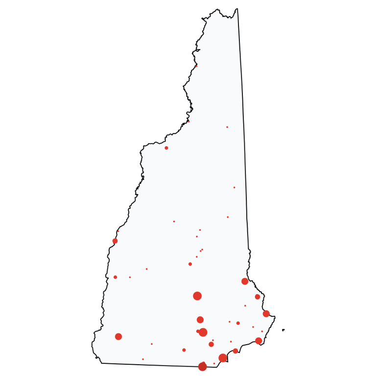 A map showing all Cell Phone Stores locations in New Hampshire