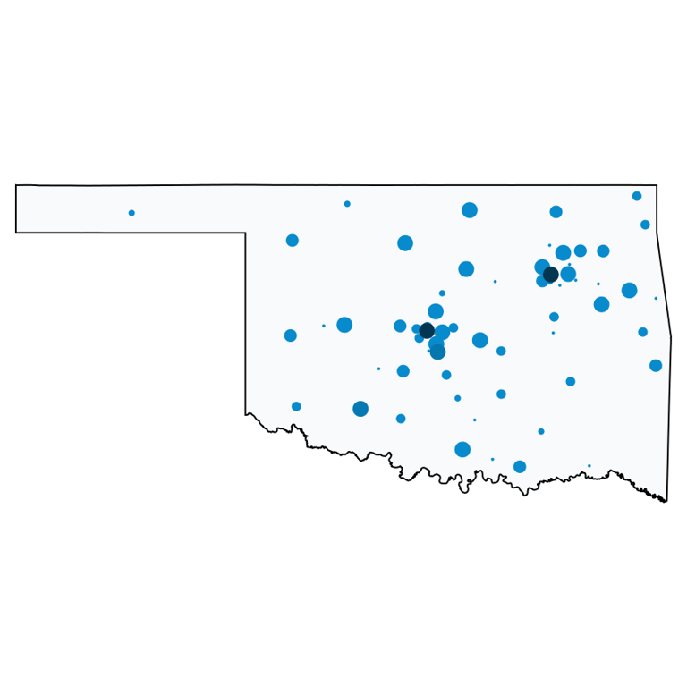 A map showing all Cell Phone Stores locations in Oklahoma