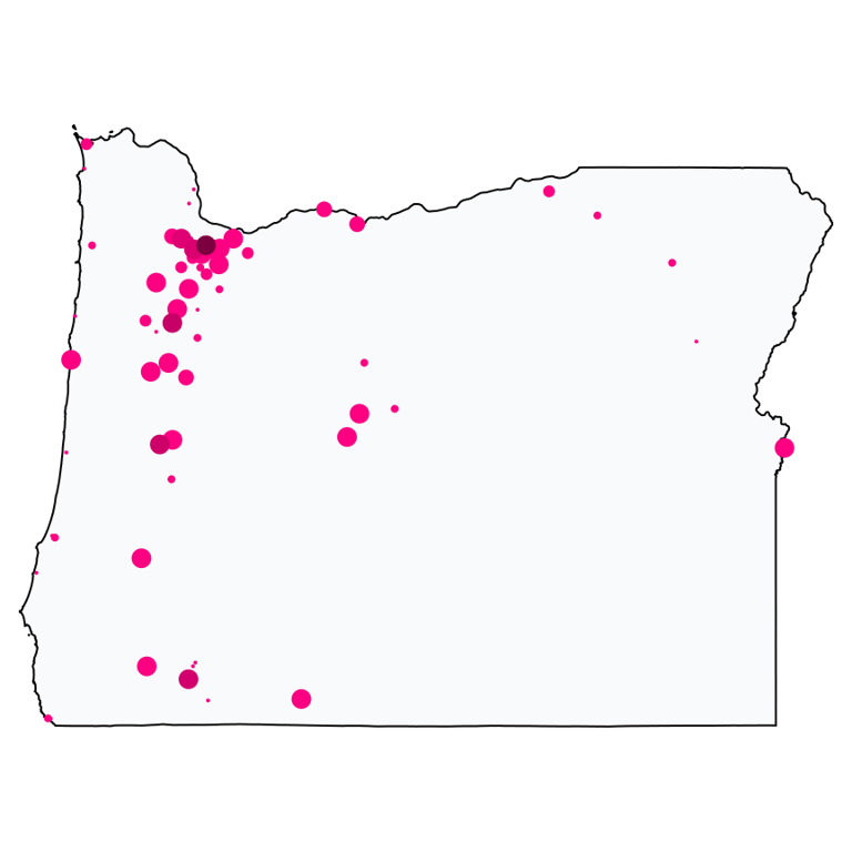 A map showing all Cell Phone Stores locations in Oregon