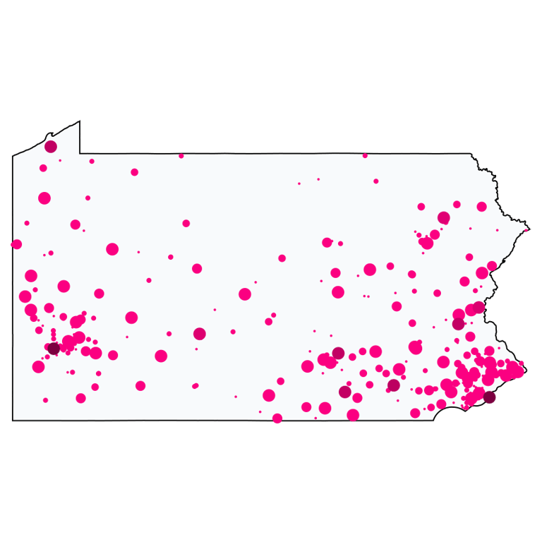 A map showing all Cell Phone Stores locations in Pennsylvania