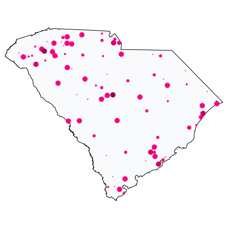 A map showing all Cell Phone Stores locations in South Carolina