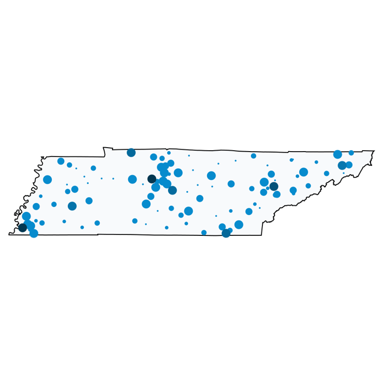 A map showing all Cell Phone Stores locations in Tennessee