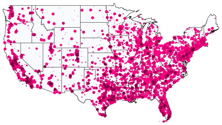 A map showing all Cell Phone Stores locations in the United States