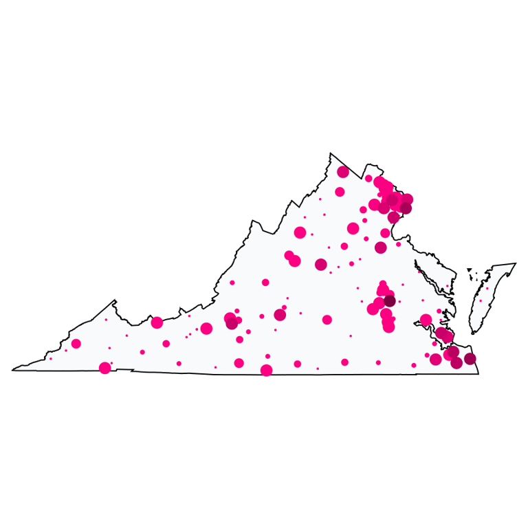 A map showing all Cell Phone Stores locations in Virginia