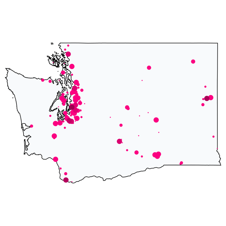 A map showing all Cell Phone Stores locations in Washington