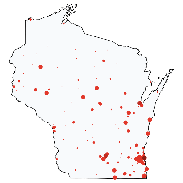 A map showing all Cell Phone Stores locations in Wisconsin