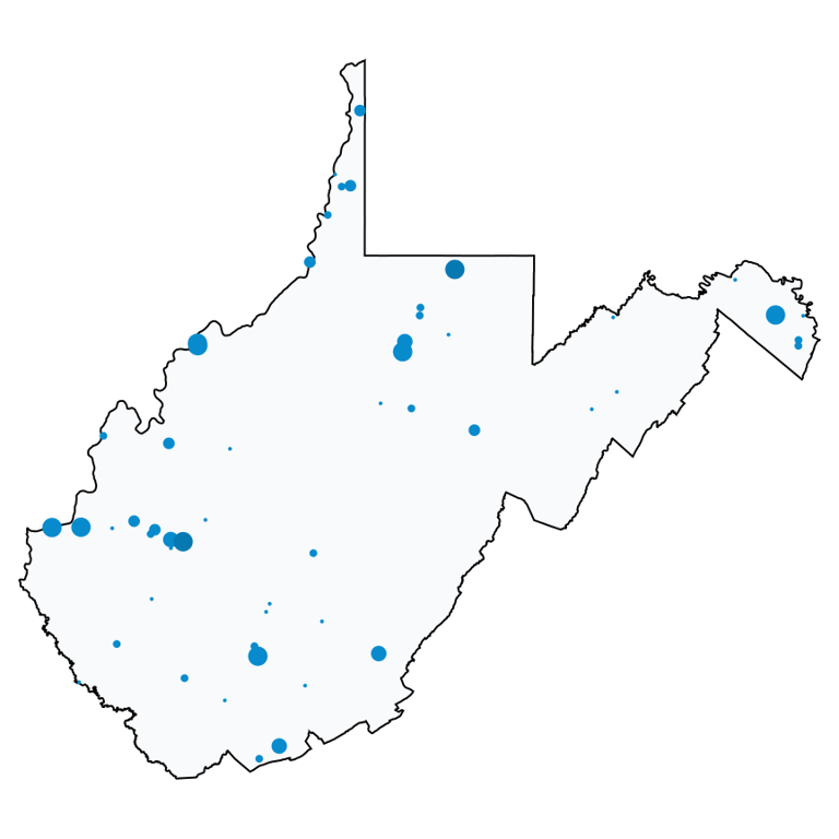 A map showing all Cell Phone Stores locations in West Virginia