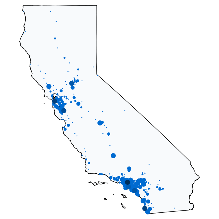 A map showing all Chase Bank locations in California