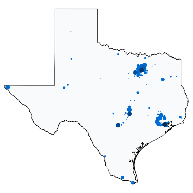 A map showing all Chase Bank locations in Texas