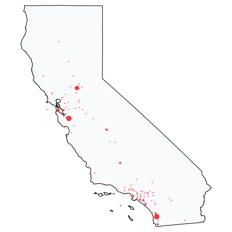 A map showing all Costco locations in California