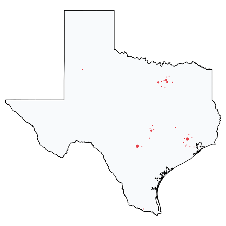 A map showing all Costco locations in Texas