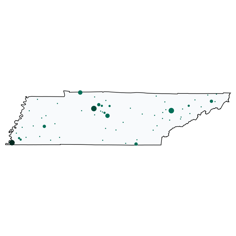 A map showing all Cricket locations in Tennessee