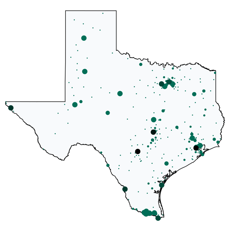 A map showing all Cricket locations in Texas