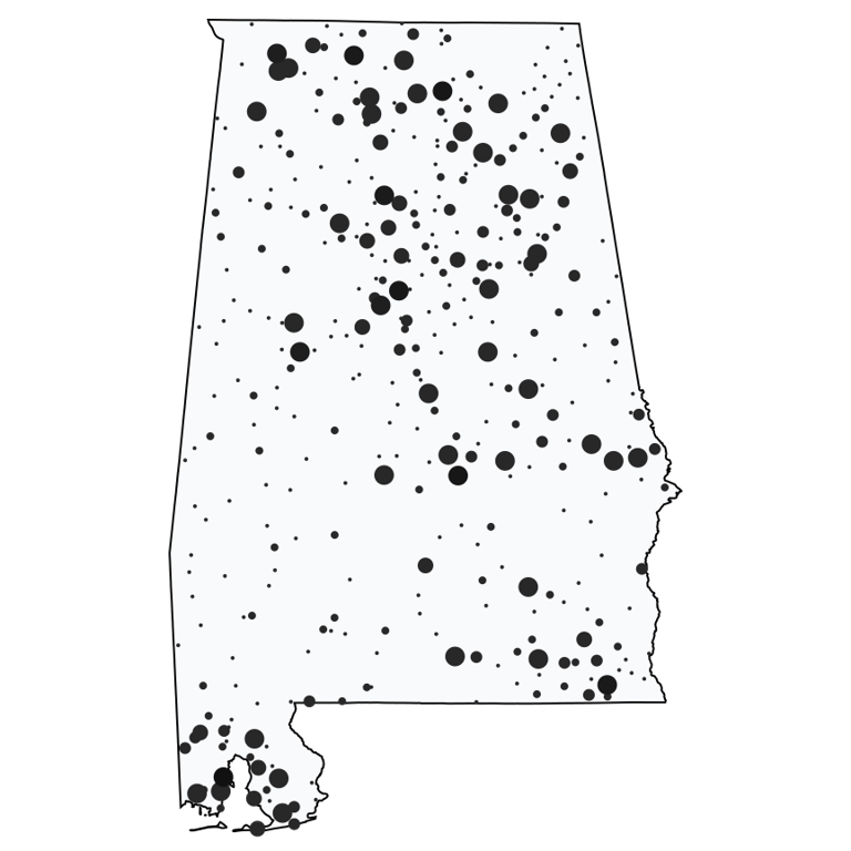 A map showing all Dollar General locations in Alabama