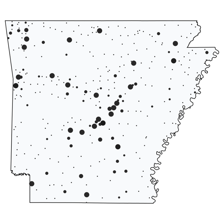 A map showing all Dollar General locations in Arkansas