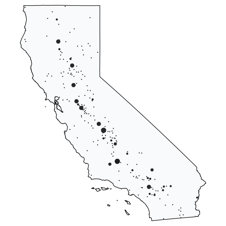 A map showing all Dollar General locations in California