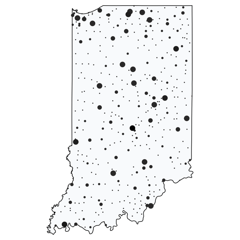 A map showing all Dollar General locations in Indiana