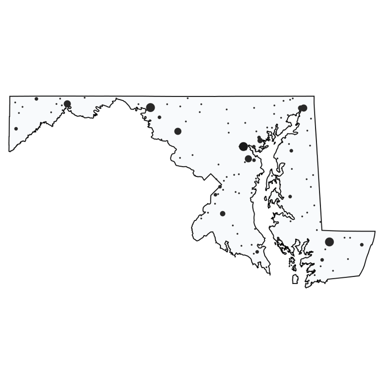 A map showing all Dollar General locations in Maryland