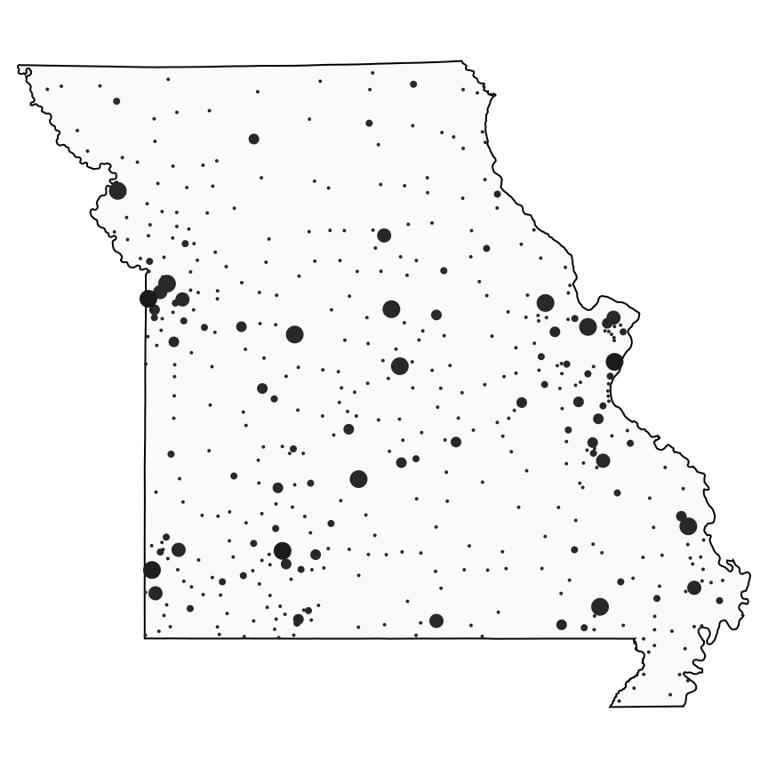 A map showing all Dollar General locations in Missouri