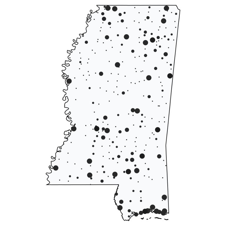 A map showing all Dollar General locations in Mississippi